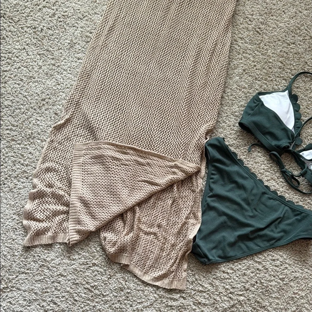 Green scalloped Bikini Set with Lace-Up Top and midi coverup - Picture 6 of 6